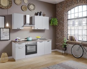 Cucina montata Dora bianco spatolato, lavello a destra, L 195 cm, completa di: cappa a camino, piano cottura a induzione, forno