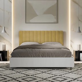 Letto contenitore da 160x200 in legno bianco e testata in microfibra ocra Kaia