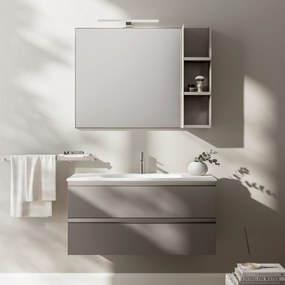 Mobile Bagno Sospeso 100 Cm Due Cassetti Specchio Con Pensile e Illuminazione Led Artesi "KA01" Camoscio/Nickel