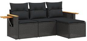 Set divani da giardino 4 pz con cuscini nero in polyrattan