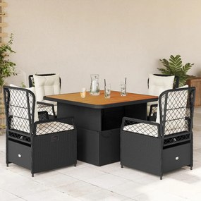 Set da pranzo da giardino 5 pz nero con cuscini in polyrattan