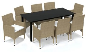 Set pranzo da giardino 9 pz con cuscini in polyrattan beige