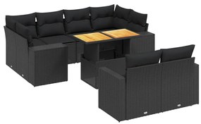 Set divani da giardino 11 pz con cuscini in polyrattan nero