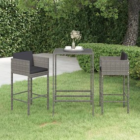 Set bar da giardino 3 pz con cuscini in polyrattan grigio