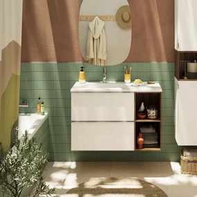 Mobile sottolavabo e lavabo con organizer per cosmetici Modern per vasca a sinistra bianco e noce in truciolare L 80 x H 55 x P 45 cm 2 cassetti, top incluso