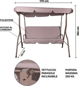 Dondolo da Giardino 3 Posti 170x110x160 cm con Tetto Parasole in Acciaio e Poliestere Tortora...