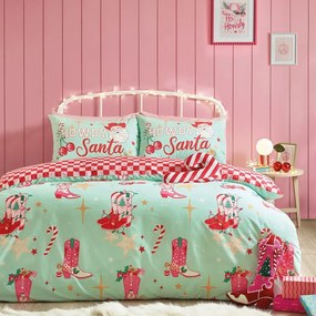 Set copripiumino e federa verde e rosa per letto matrimoniale e per letto esteso 230x220 cm Santa's Howdy Christmas – Catherine Lansfield