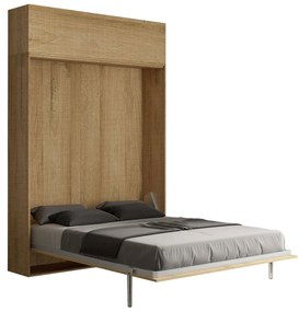 Letto matrimoniale a scomparsa 160 verticale Kentaro con colonna e pensili, Quercia Natura / Pensile Vasistas
