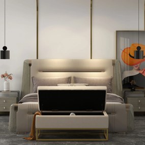 Panca Contenitore Rettangolare 110x44x49 cm con Seduta Imbottita e Gambe in Acciaio Beige...