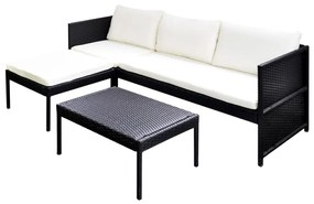 Set salotto da giardino 3pz con cuscini in polyrattan nero