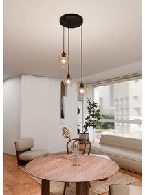 Lampadario 3 Luci Fuxi Base Tonda In Acciaio Nero E Vetri Ambra