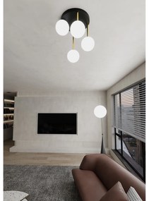 Plafoniera Contemporanea 4 Luci Teseo In Acciaio Nero Oro E Sfere Vetro Bianco
