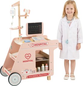 Costway Set da gioco medico in legno per bambini con carrello e accessori, Stazione medica mobile per bambini 3+ anni Rosa