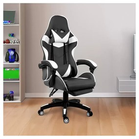 Sedia Gaming Poltrona Ufficio Scrivania Casa PC Stile Racing Girevole Ergonomica In Ecopelle Con Rotelle Cuscino Supporto Lombare Poggiapiedi Poggiatesta Braccioli Altezza Regolabile (Nero e Bianco)