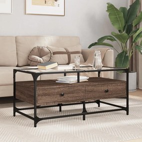Tavolino Con Piano İn Vetro Rovere Marrone 98,5x50x45cm Acciaio /