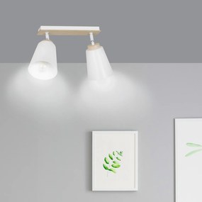 Plafoniera Spot Faretti Orientabili 2 Luci Xiwangmu Acciaio Bianco E Legno Naturale