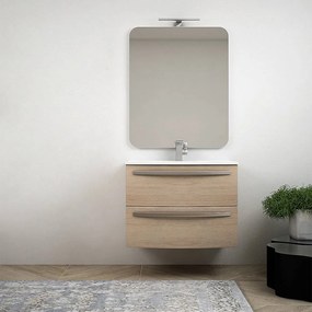 Composizione bagno curva sospesa da 75 cm rovere tabacco lavabo in ceramica e specchio Mod. Berlino