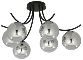 Plafoniera Moderna 6 Luci Coeo In Acciaio Nero E Diffusori In Vetro Fumè