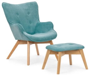 Poltrona con poggiapiedi turchese con rivestimento in velluto a coste Niko – Ropez