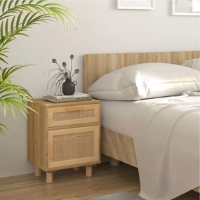 Comodino Marrone İn Legno Massello Di Pino E Rattan Naturale /