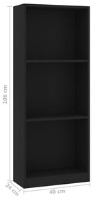 Libreria a 3 Ripiani Nera 40x24x108 cm in Legno Multistrato