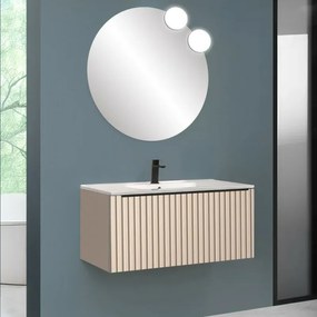 Mobile bagno sospeso 100 cm cappuccino cannettato con cassetto, specchio e lavabo Nara