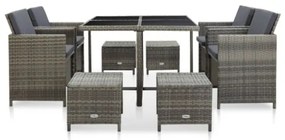 Set da Pranzo da Giardino 9 pz con Cuscini in Polyrattan Grigio