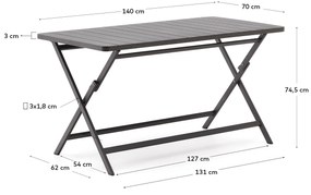 Kave Home - Tavolo da esterno pieghevole Torreta in alluminio con finitura grigio scuro 140 x 70 cm