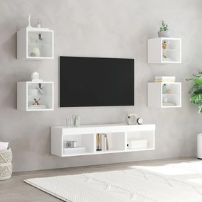 Mobili TV a Muro con LED 7pz Bianchi in Legno Multistrato