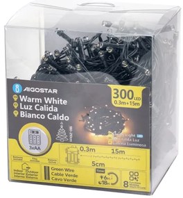 Aigostar-Catena LED natalizia da esterno 300xLED/8 funzioni 3xAA 15,3m IP44 bianco caldo