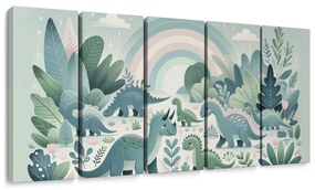 Quadri 5 pezzi – Mondo dei dinosauri con arcobaleno e giungla verde