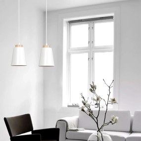 Sospensione 1 Luce Lancillotto A Cono In Acciaio Bianco E Legno Naturale