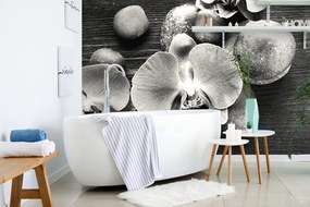 Carta da parati – Orchidea e pietre in bianco e nero