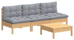 Set divani da giardino 4 pz con cuscini grigi massello di pino