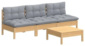Set divani da giardino 4 pz con cuscini grigi massello di pino
