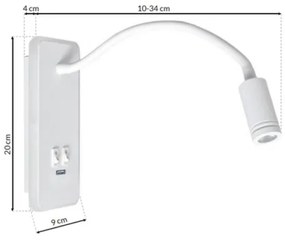 LED Lampada flessibile da parete con base USB 1xLED/8W+1xLED/2W/230V bianco