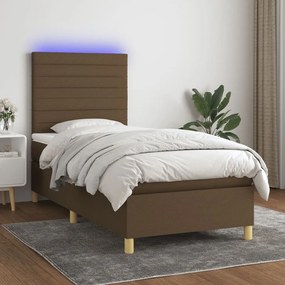 Letto a molle materasso e led marrone scuro 100x200 cm tessuto