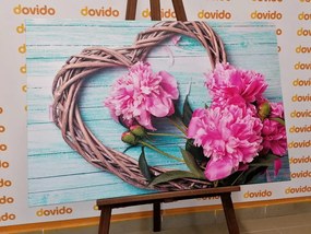 Stampa su tela – Peonie su cuore di legno