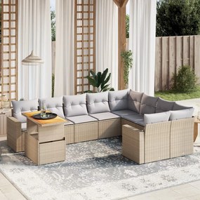 Set divano da giardino 10 pz con cuscini beige in polyrattan