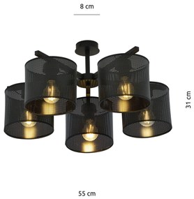 Plafoniera Industrial 5 Luci Cigno In Acciaio Nero E Paralumi A Cilindro