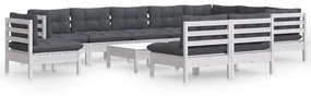 Set divani da giardino 11 pz con cuscini bianchi legno di pino