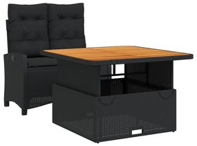 Set da pranzo da giardino 2 pz con cuscini nero in polyrattan