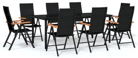 Set da pranzo per giardino 9 pz con cuscini nero