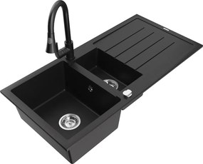 Mexen Andres lavello in granito 1,5 vasche con sgocciolatoio e rubinetto cucina Elia, nero - 6515-77-670101-70