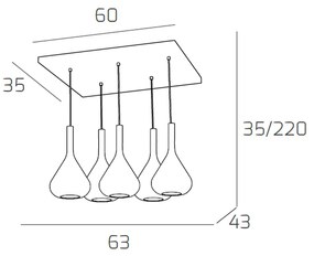 Sospensione Contemporanea Kona Metallo Cromo Vetro Multicolor 5 Luci E27