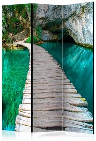 Paravento design Lago smeraldo - paesaggio di un lago con ponte di legno