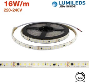 Strisce LED 220V 16W/m 120lm/W chip Lumileds Dimmerabile tagl. 10cm – 5m Colore Bianco Naturale 4.000K