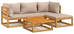 Set salotto da giardino 5pz con cuscini tortora legno massello