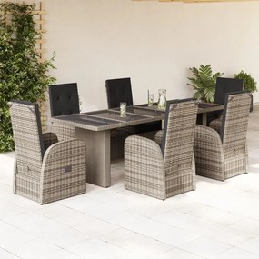 Set da pranzo da giardino 7 pz con cuscini in polyrattan grigio