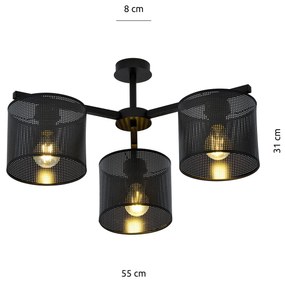 Plafoniera Industrial 3 Luci Cigno In Acciaio Nero E Paralumi A Cilindro